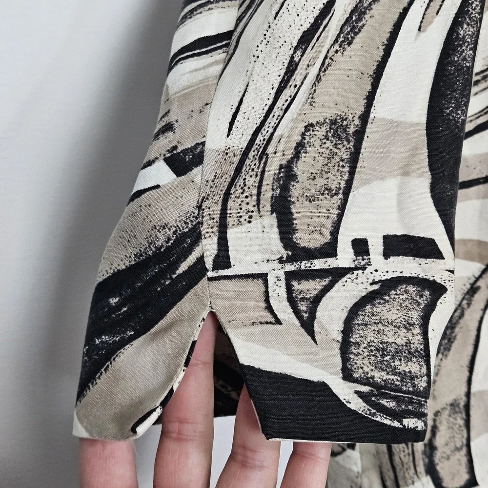Chico's‎ Blazer Jacket Size 3 US XL Silk Linen Lined Abstract Black Beige